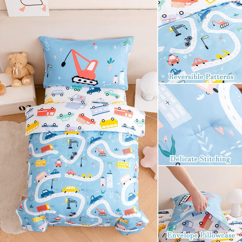 4-Piece Set Set PERFEMET Toddler Bedding Boys Cars Toddler Comforter with Sheets Reversible Lightweight Blue Vehicles