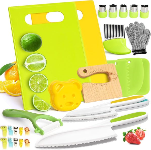 28PCS Toddler Knife Set, Kids Knives for Real Cooking, Montessori Kitchen Knife Set with Cutting Board for Ages 2-10