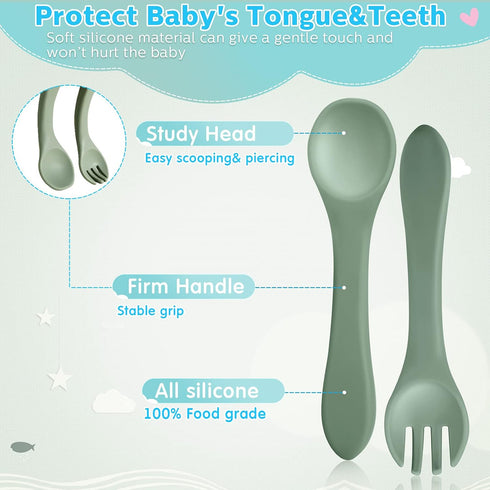 6 Pieces Silicone Baby Feeding Forks and Spoons Set - Self Feeding Supplies for Over 6 Months Babies (Nature Color)