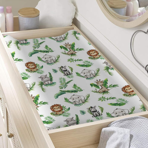 Baby Jungle Safari Animals Changing Pad Covers, Elephant Giraffe Zebra Lion Hippo, 32"x16" Soft Sheets