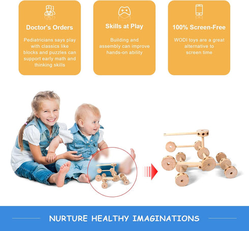 WODI Wooden Building Blocks 60pcs Large Natural Wood STEM Building Blocks for Kids Ages 4-8