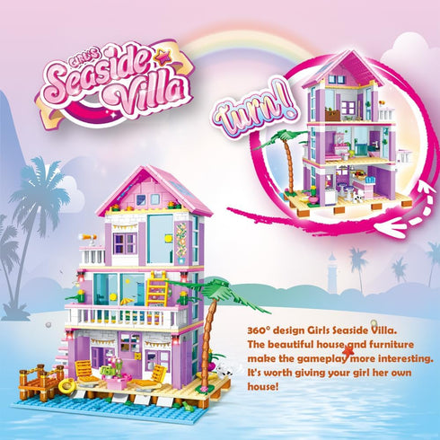 Set 573 6+ Seaside Villa Building Pieces Toys for Girls Building Blocks House Beach Villa Construction Bricks Holiday