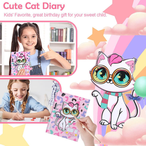 YOYTOO Set 5 6 7 8 9 10 Cat Diary for Girls with Lock, Cat Stationery with Secret Diary, Stamps, Pens, Journal Notebook