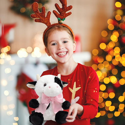10'' Cow Stuffed Animal Baby Cow Plush with Big Bow Tie Cute Plush Toy Gift for Kids