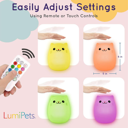 Lumipets Remote Control Silicone Night Light for Kids - Cat Design with 9 Soft Colors & Sleep Timer