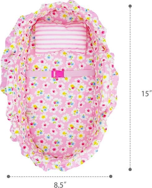 June Garden Cozy Dream Doll Bassinet - Portable Carrier for Baby Dolls up to 14", Soft Pillow & Safety Buckle