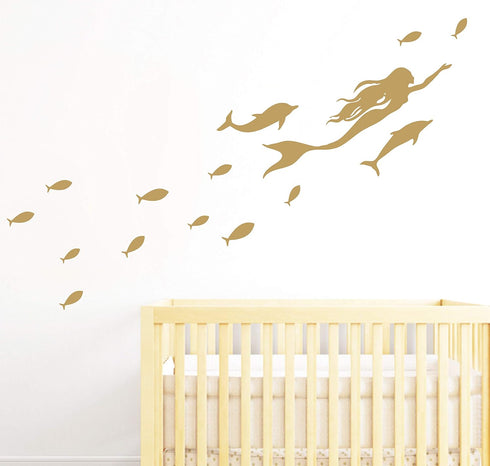 Mermaid Wall Decals, Nautical Sea Ocean Dolphin Vinyl Stickers for Bathroom, Nursery Decor, Home Art Mural A56 (Gold)