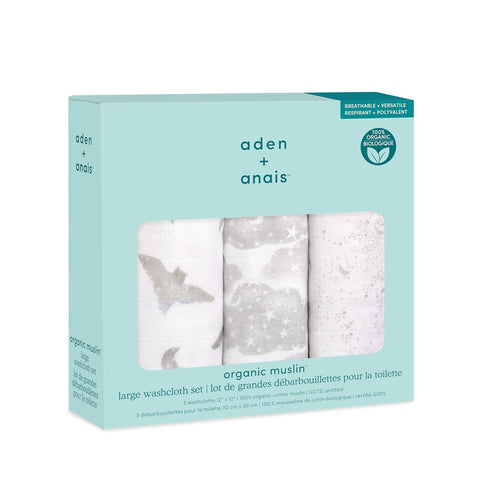 3-Pack, 100% 3 12x12 aden + anais Organic Oversized Washcloth Super Soft Organic Cotton Muslin, Gentle on Skin