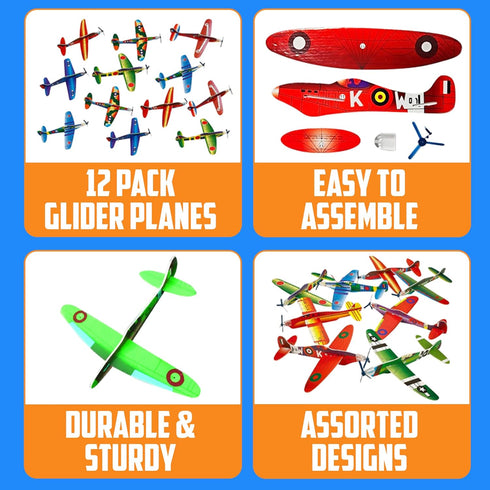 12-Pack 8-Inch Bedwina Glider Planes Bulk Bomber Airplane Gliders for Kids, Foam Paper Airplane Kit For Birthday
