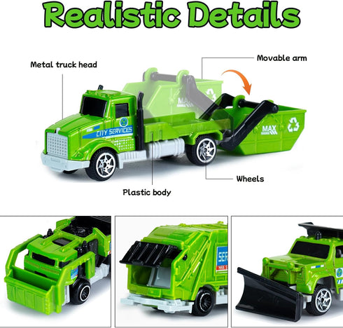 6 Pack Set, 3-7 8 Diecast Garbage Truck Toys for Kids, Mini Alloy Sanitation Truck Toy Recycling Sanitation Trucks