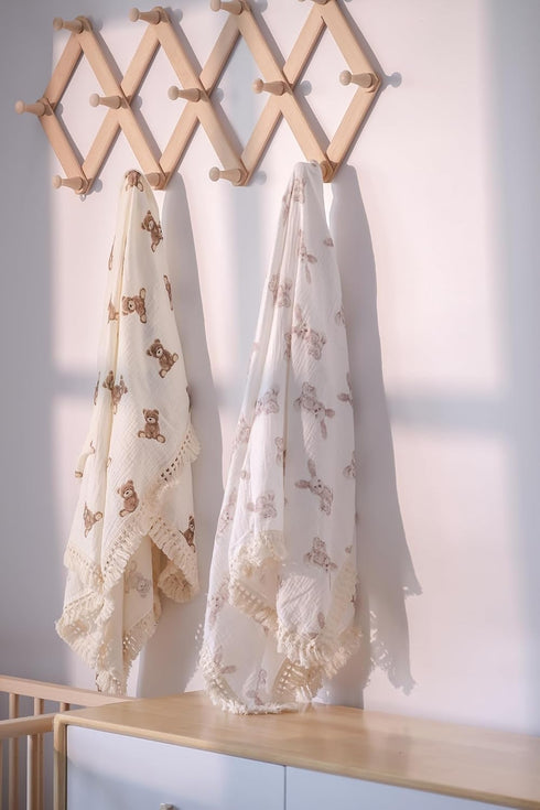 47" x40" Little Jump Cotton Muslin Swaddle Blankets with Tassel, Boho Bohimia Muslin Baby Blanket Neutral with Fringe