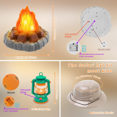 Set 3-5 MITCIEN Camping Toys for Kids, Pretend Campfire, Lantern, Safari Hat, Binoculars, Bottle, Toy Food, S'Mores