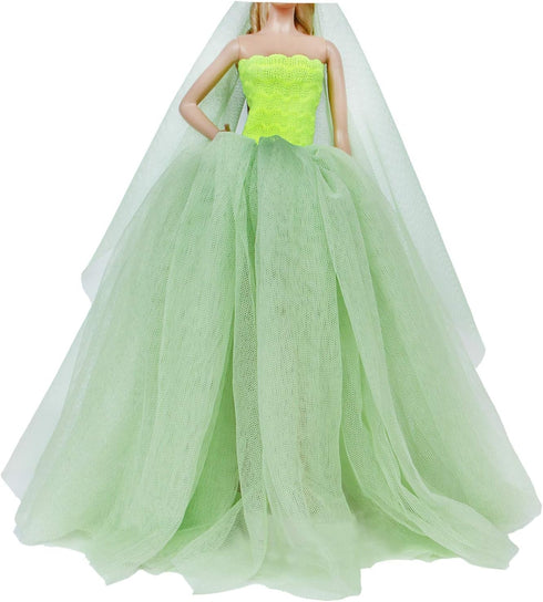 BJDBUS for 11.5 Inch Girl Doll Clothes, Green Trailing Wedding Dress with Veil Dinner Party Gown