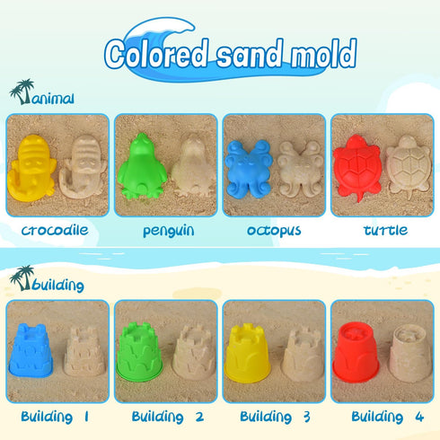 Fegalop 14Pcs Sets, Set Bag,Summer Beach Toys, Sand Toys with Construction Vehicle and Collapsible Beach Bucket, Animal