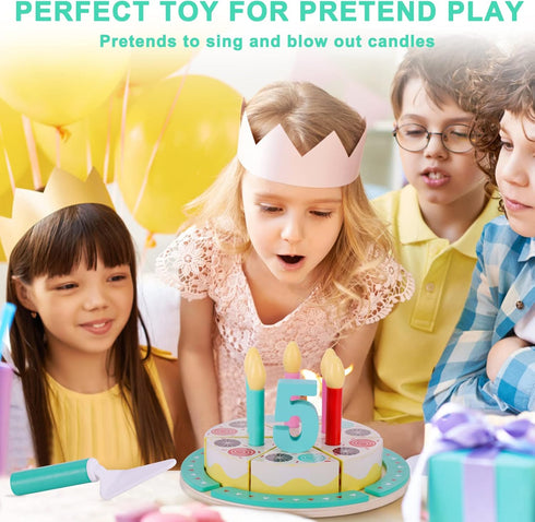 Set Birthday Cake Cutting Toys, Wooden Play Food for Kids Toddlers, Pretend Play Kitchen Toys for Boys Girls