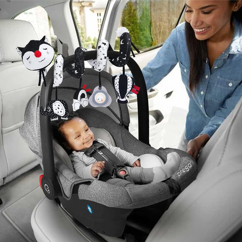 High Contrast Black and White Car Seat Toys for Infants 0-12 Months, Musical Black Fox Stroller Toys for Babies