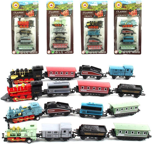 CORPER TOYS Mini Train Toy Die-Cast Pull Back Steam Train Model Set - 4 Packs (16 Pieces)