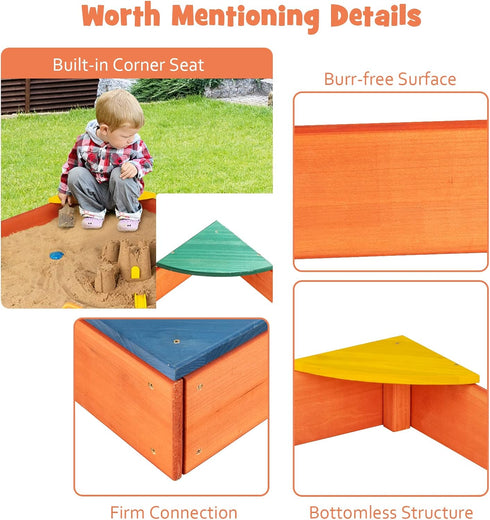 Bottomless 4 3+ HONEY JOY Kids Wooden Sandbox, Outdoor Sand Pit with Built-in Corner Seating, Cedar Backyard Sand Boxes