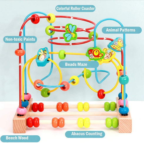 1 2 3 Joqutoys Bead Maze Toy for Year Old Kids, Wooden Colorful Roller Coaster Circle Toys, Early Educational Toys