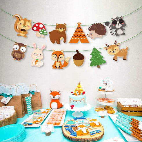 CC HOME Woodland Creatures Banner - Forest Animal Friends Bunting for Kids, Baby Shower, Birthday Party Decoration