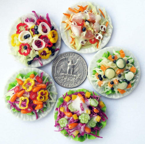 5 Assorted Salad with Plate for Dollhouse Miniature Food - 1:6 Scale Realistic Clay Food