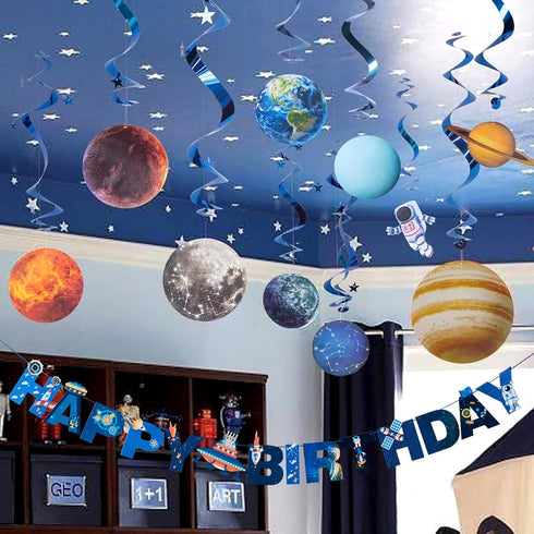 SUNBEAUTY Solar System Hanging Decoration, Happy Birthday Banner for Kids Birthday Party Supplies