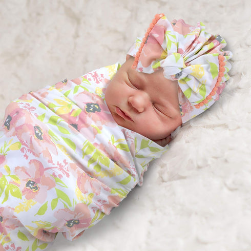 Baby Cotton Swaddle Blanket Wrap with Headband or Hat Set for Newborns and Infants 0-6 Months, Boys and Girls (Summer