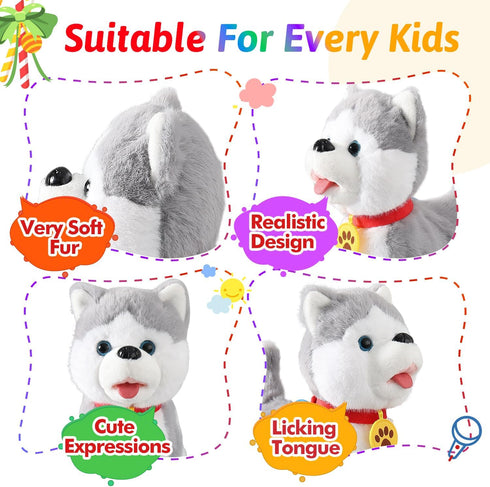Marsjoy Husky Walking Barking Dog for Kids Interactive Musical Puppy Robot Repeats What You Say, Realistic Licking