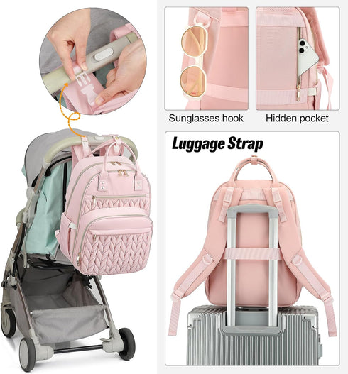 Kouxunt Backpack Quilted Baby Diaper Bag for Women, Baby Girls Boys Nappy Bags with Stroller Straps Insulated Pockets