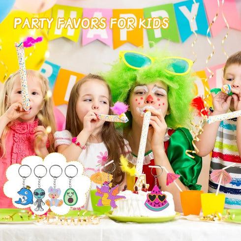 65 PCS Cute Keychain for Kids Party Favors, Video Game, Animal, Mermaid, Dinosaur, Birthday Party Supplies