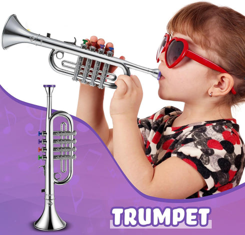 Lewtemi Silver Trumpet Musical Instruments Toy for Kid Toddler Fake Plastic Preschool Music Toy Gift Portable Wind
