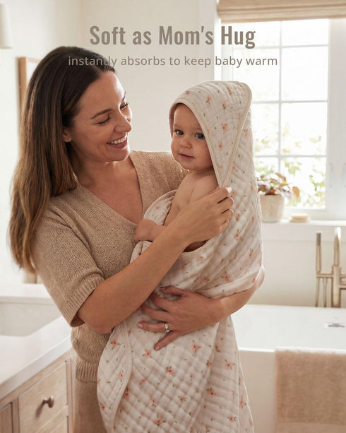 2 Pack, Blissful Diary Muslin Baby Hooded Towel Soft & Absorbent Bath Towel for Baby Girls, Infant Gift, Newborn