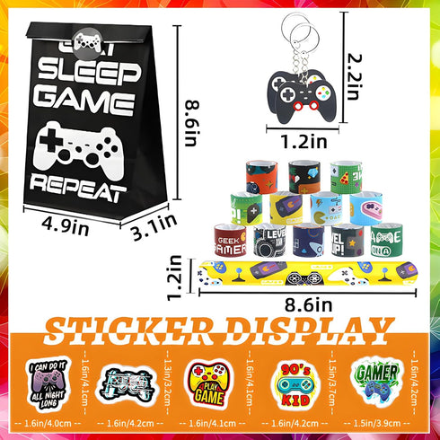 110 Pcs Video Game Party Favors, 12 Sets of Gaming Birthday Goodie Bags with Keychain, Slap Bracelet, Stickers
