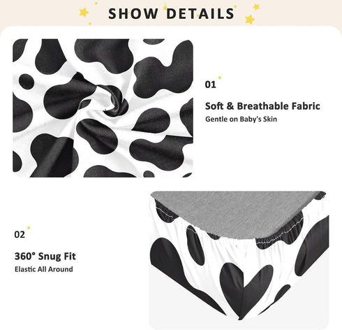CZXW 52" 28" Cow Print Black White Crib Sheets Fitted x Natural Cotton Soft & Breathable for Baby Crib Mattress