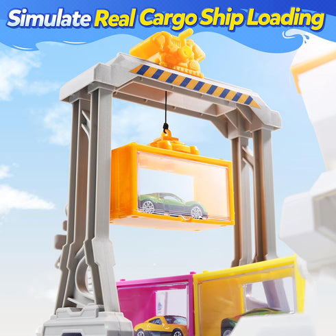 Playset CUTE STONE Cargo Ship Toy & Gantry Crane, Toy Boat and Crane with Sounds & Lights, Transport Containers, Push
