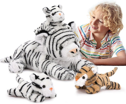 3 17.7 Inch Mommy Set, MaoGoLan White Tiger Stuffed Animal with Babies, Tiger Plush Soft Stuffed Tiger Family Toys