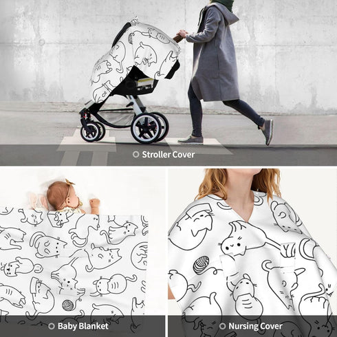 Hcpwzrf Cute Cartoon Cat Baby Car Seat Cover & Nursing Cover - Breathable Stretch Multi-Use Cover for Breastfeeding