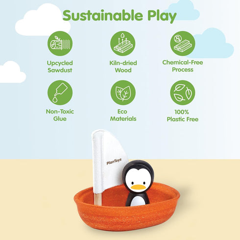 PlanToys Wooden Penguin Sailing Boat Bath Toy for Toddlers | Montessori Floating Toy for Kids | Eco-Friendly Baby Water