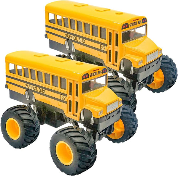 ArtCreativity 5 Inch Pullback School Bus Toy Set - Set of 2 Yellow School Buses with Monster Wheels - Diecast Bus