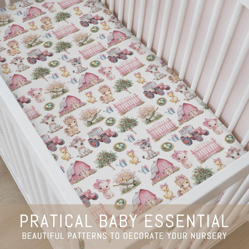 Selgkds 52''x28'' Pink Farm Animals Baby Crib Sheets for Girls Barn Pig Duck Cow Horse Bows Tractors Soft Snug Fitted