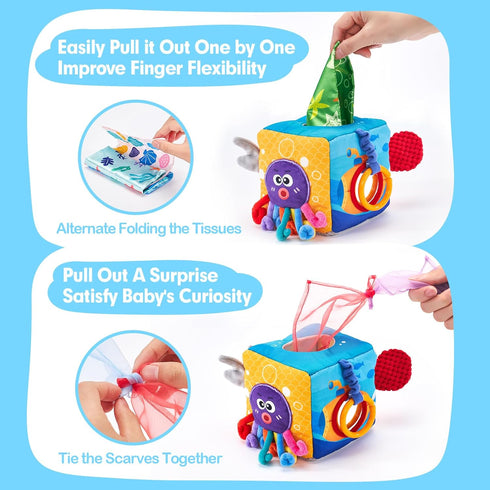 hahaland Baby Tissue Box Toy - Montessori Toys for 6-12 Months, Textured Tails, Cloth Tissues, Crinkle, Squeaky Sounds,