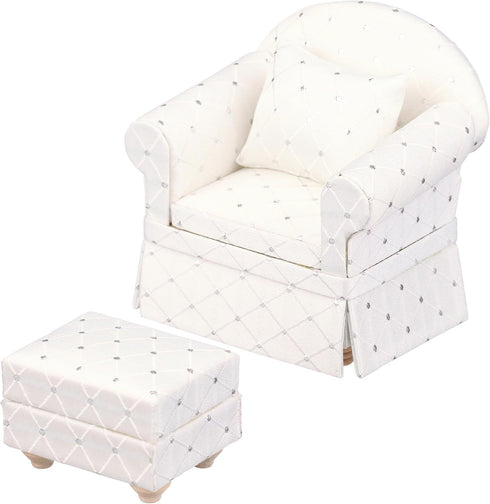 Dollhouse Sofa Chair with Ottoman, White Miniature Living Room Furniture Armchair for 6 inch Dolls, 1/12 Scale