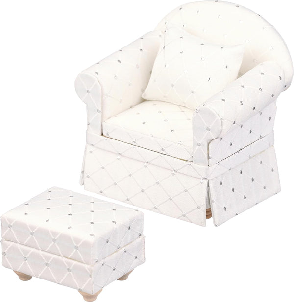 Dollhouse Sofa Chair with Ottoman, White Miniature Living Room Furniture Armchair for 6 inch Dolls, 1/12 Scale