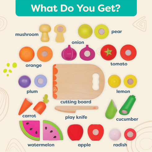 B. toys- Chop 'n' Play - Wooden Fruits & Veggies, Sliceable Play Food for Toddlers, Kids