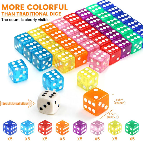 GWHOLE 40 Pieces 6-Sided Game Dice Set, 8 Translucent Colors for Board Games and Teaching Math