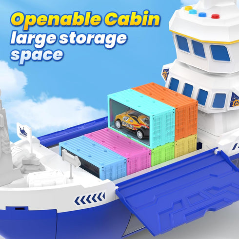 2-in-1 Playset, CUTE STONE Toy Boat & Tower Crane Cargo Ship with Lights/Sounds | Push-Go Transport Ship & Construction