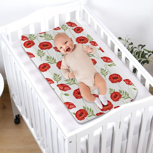 Boho Retro Poppy Flowers Leaves Changing Pad Covers - Fitted Diaper Change Table Sheet for Boy Girl, 32''x16''