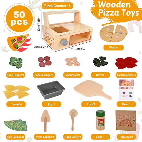 Counter Playset 3+ Wooden Pizza Toy, Wooden Pizza with Bake Oven, Montessori Pretend Play Toys, Play Food