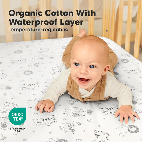 2-Pack 52x28 Waterproof Crib Sheets for Boys, Girls - Fitted Organic Cotton Baby Crib Sheets, Toddler Mattress
