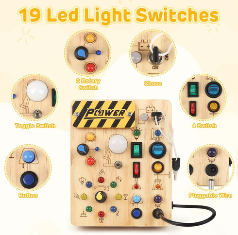1-3,Montessori 1 2 3 LED Busy Board for Toddlers Sensory Toy with Key Switch and Plug, Light Up Wood Activity Switch